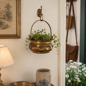 Vintage Hammered Brass Hanging Pot | Embossed Cauldron Planter, Cottagecore Decor