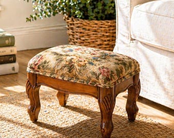 Vintage Floral Upholstered Footstool, Carved Wooden Vanity Stool, Cottage Decor