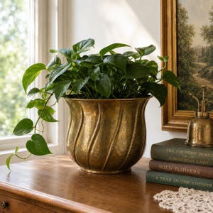 May include: A brass planter with a fluted, swirling design containing a lush green pothos plant. The planter features a weathered, metallic finish and sits beside a stack of three books titled The Country Diary of an Edwardian Lady, Wild Flowers, and A Year in the Country.