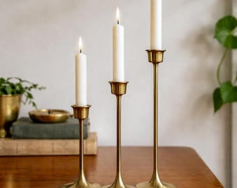 Vintage Brass Candlestick Holders Set of 3 Graduated Mid Century Minimalist Taper Candle Holders