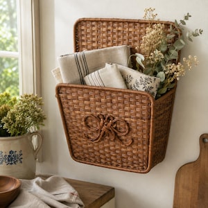 May include: A brown woven wicker wall basket featuring a decorative bow detail on the front. The basket contains folded beige fabric with dark stripes and a floral pattern, along with a sprig of dried greenery tucked inside the open top.