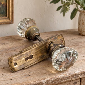 Antique Glass Doorknob Set with Ornate Brass Backplate, Vintage Crystal Door Hardware, Incomplete Restoration Parts