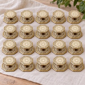 Set of 20 Vintage Japanese Ornate Cabinet Knobs with Backplates | Gold Cream Octagonal Drawer Pulls | Made in Japan