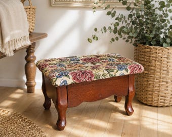 Vintage Floral Needlepoint Footstool with Storage | Cottagecore Wooden Sewing Stool | Upholstered Vanity Foot Rest | Farmhouse Decor