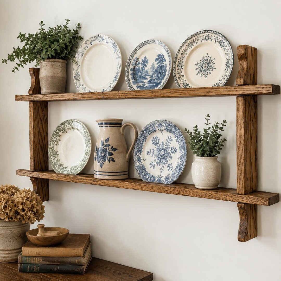 Vintage Oak Plate Rack Wall Shelf | Handmade Wooden Display Shelf ...