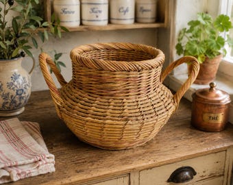 Vintage Wicker Basket Planter | Rustic Cottage Cachepot | French Country Woven Basket with Handles