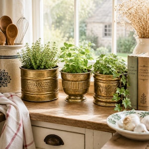 Ensemble de 3 cache-pots vintage en laiton | Jardinières à herbes aromatiques style cottage anglais