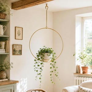May include: A gold-toned metal circular hanging planter suspended from the ceiling by a thin rod. The frame holds a white ceramic pot containing a trailing green plant with small heart-shaped leaves that drape down from the center of the ring.