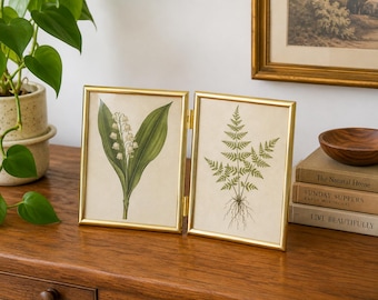 Vintage Brass Double Picture Frame | Folding Hollywood Regency Desk Photo Holder