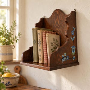 May include: A dark brown wooden wall shelf with a scalloped top edge and a hand-painted blue and green floral vine design on the side. Three vintage books with textured covers are standing upright on the flat shelf surface.