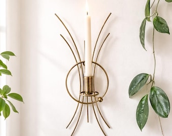 Vintage Brass Wall Sconce, Mid Century Atomic Candle Holder, Retro Wall Hanging
