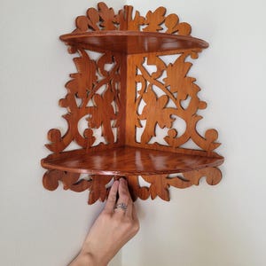 Vintage Wooden Corner Shelf | Ornate Scroll Cut Wall Shelf | Cottagecore Display Shelf | Folk Art Wall Decor image 2