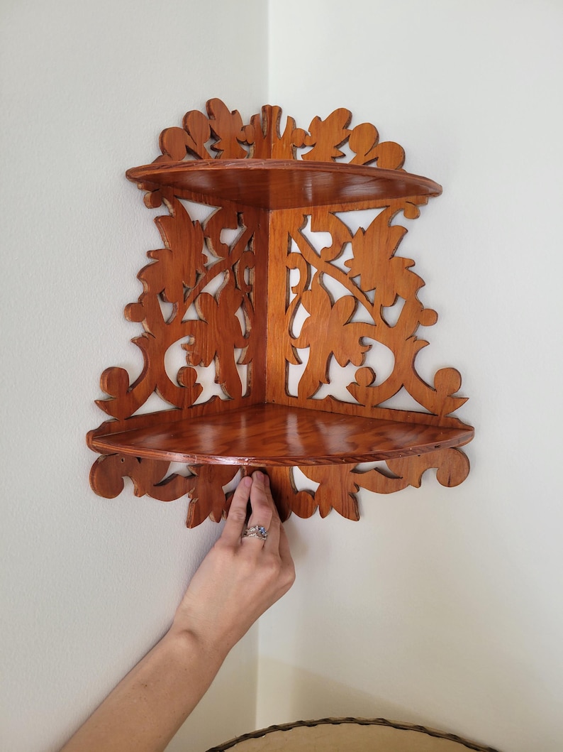 Vintage Wooden Corner Shelf | Ornate Scroll Cut Wall Shelf | Cottagecore Display Shelf | Folk Art Wall Decor image 2