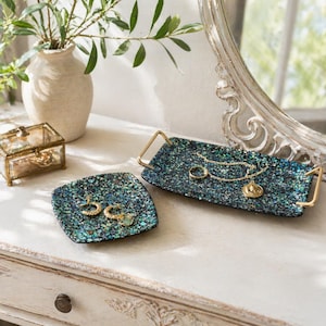 Vintage Paua Shell Tray and Dish Set, New Zealand Abalone Mosaic Vanity Catchall