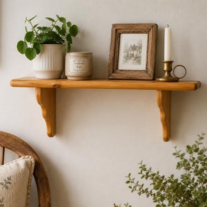 May include: A light brown wooden wall shelf with two curved brackets. On the shelf sits a white ribbed planter with a green plant, a beige candle jar labelled Botanical Garden Fig, a wooden picture frame, and a brass candlestick with a white candle.