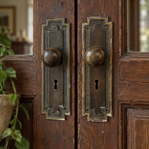 May include: Two antique brass door knobs with matching rectangular backplates featuring a stepped geometric design and a central keyhole. The hardware is mounted on a dark brown wooden door with visible grain and a weathered finish.