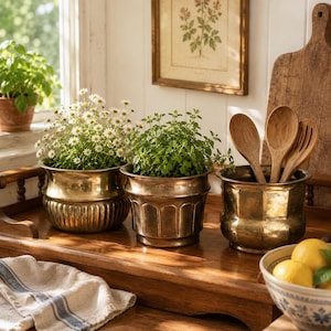 May include: Three brass containers sit on a wooden surface. The left container holds white daisies, the centre holds green herbs, and the right holds three wooden spoons. A bowl of yellow lemons is nearby, and a wooden cutting board stands behind.