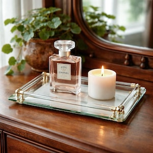 plateau de toilette vintage en lucite et verre | Plateau à bijoux en laiton | Milieu du siècle