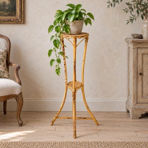 Peut inclure: Un porte-plante haut et élancé fabriqué en bambou de couleur claire avec des marques sombres et tachetées. Le support présente un plateau circulaire, une étagère intermédiaire plus petite et trois pieds incurvés vers l'extérieur.