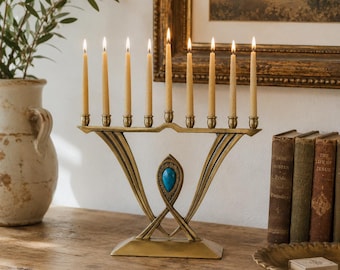 Vintage Oppenheim Brass Menorah, Eilat Stone Mid Century Judaica Candle Holder