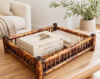 Vintage Tortoise Bamboo Tray Basket, Mid Century Bamboo Magazine Rack, Organic Modern Bamboo Storage Basket, Hollywood Regency Decor