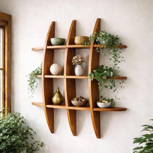 Vintage Wood Wall Shelf – Sculptural Grid Display, MCM Japandi