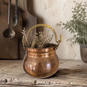 May include: A round copper pot with a polished finish and a curved brass handle attached to two side loops. The pot is filled with a bundle of dried, light brown herbs. The metal surface shows subtle variations in colour and texture throughout.