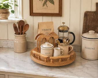 Vintage Oak Lazy Susan Turntable | Wooden Condiment Server | Farmhouse Kitchen Organizer | Cottage Table Centerpiece