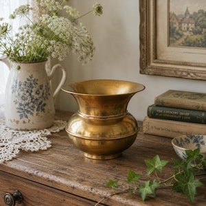 May include: A polished brass bowl with a wide, flared rim and a rounded, bulbous body. The metal surface shows a warm, metallic gold tone with subtle variations in texture and finish, resting on a circular base with a smooth, curved silhouette.