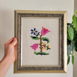 Vintage Framed Embroidery Art | Colorful Floral Needlework in Ornate Frame | Hand-Stitched Textile Wall Decor