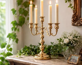 Vintage Brass 5-Arm Candelabra | Hollywood Regency Ornate Candlestick Centerpiece