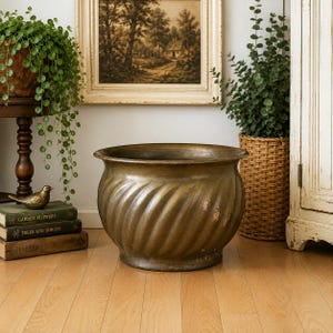 Vintage Brass Cachepot Planter | Large Heavy Metal Plant Pot | Hollywood Regency Planter | Mid Century Brass Decor | 14" Wide