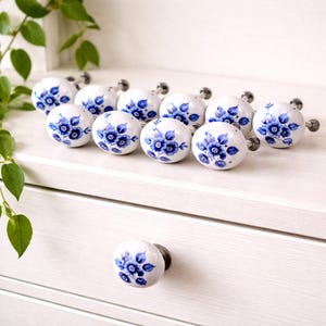 Vintage Set of 12 Blue Floral Ceramic Knobs • Cottage Drawer Pulls, Farmhouse Hardware