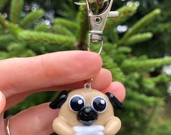 Thoughtfully made dog/pug polymer keychain, sealed with resin. Fun, cute and whimsical, inspired by a love of nature. Gift or accessory.