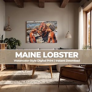Watercolor Maine Lobster Print – Coastal Kitchen Wall Art, Nautical Decor, Digital Download