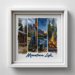 Mountain Life Wall Art Print – Rustic Cabin, Hiking, Campfire & Nature Scene – Adventure Home Decor, Digital Download (8x8–36x36)