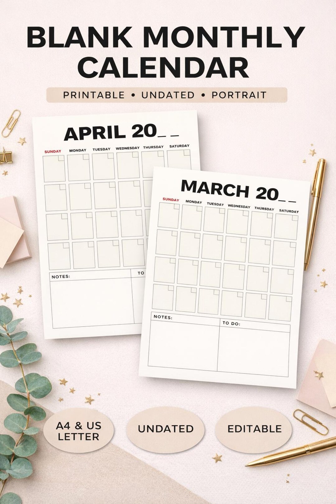 Minimalist Monthly Planner Printable Blank Calendar Undated Organizer ...