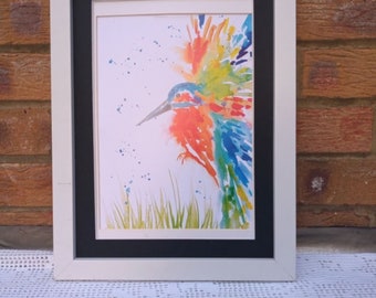 Kingfisher in Flight,. Size A4 Print  from my Original Watercolour Painting