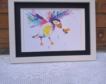 Bee Careful Puffin Landing! Size A4 Print from my Original Watercolour Painting