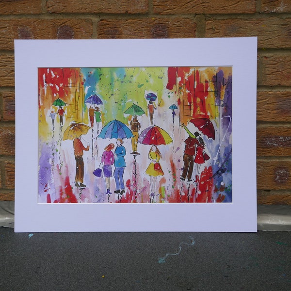 A3 Druck, Bunte Regenschirme, spaziergang durch Wälder, von meinem Original Aquarell und Tuschemalerei