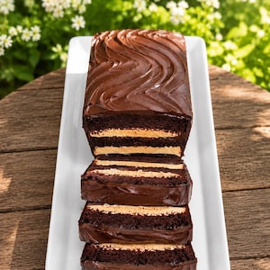 Peut inclure: Un gâteau rectangulaire au chocolat composé de trois couches de crème beige clair, recouvert d'un glaçage au chocolat lisse avec un motif ondulé, présenté sur un long plat de service rectangulaire blanc.