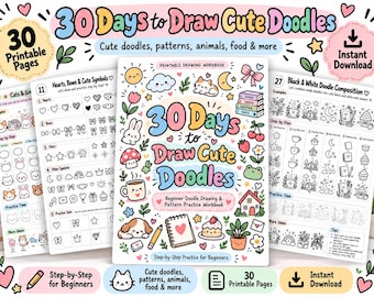 Könnte beinhalten: Ein druckbares Zeichenarbeitsbuch mit dem Titel 30 Days to Draw Cute Doodles mit Schritt-für-Schritt-Anleitungen zum Zeichnen von Tieren, Lebensmitteln und Mustern. Das Cover und die Innenseiten zeigen bunte Illustrationen von Katzen, Pflanzen und Herzen.