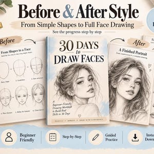 Op de afbeelding: Een tekenwerkboek getiteld 30 Days to Draw Faces, met een centrale portretillustratie. Het boek is omringd door instructiepagina's die stapsgewijze gezichtsconstructie en oefeningen voor gelaatstrekken voor beginnende kunstenaars tonen.