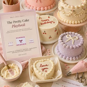 May include: A collection of decorated cakes, a book titled The Pretty Cake Playbook, a piping practice sheet, and baking tools. The cakes feature pink, white, and purple frosting with details like bows, pearls, cherries, and the text love you.