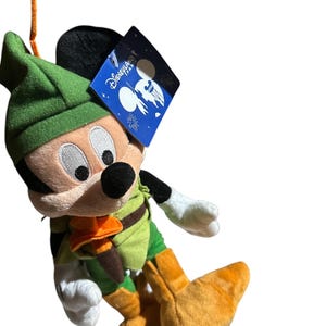 Pu&ograve; includere: Un peluche di Topolino vestito con un completo verde con cappello abbinato e stivali arancioni. Il peluche ha un naso nero, orecchie nere e guanti bianchi. &Egrave; attaccata un'etichetta di Disneyland Paris.