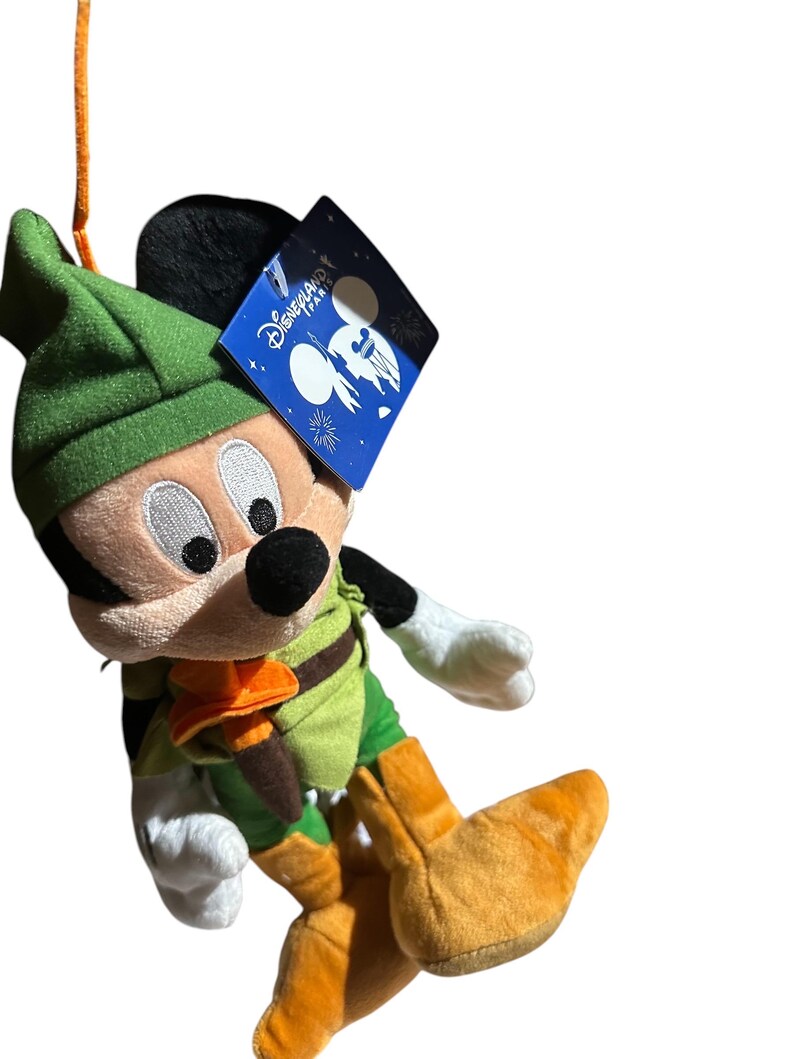 Pu&ograve; includere: Un peluche di Topolino vestito con un completo verde con cappello abbinato e stivali arancioni. Il peluche ha un naso nero, orecchie nere e guanti bianchi. &Egrave; attaccata un'etichetta di Disneyland Paris.