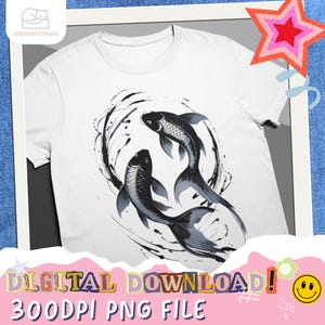 Japanese Koi Fish PNG Clipart, Yin Yang Symbol, Tattoo Style, Transparent Background, Digital Download