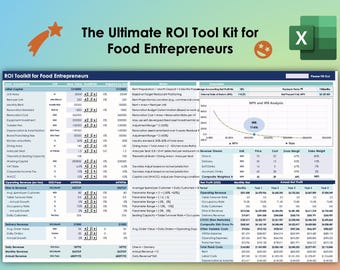 May include: A spreadsheet titled "The Ultimate ROI Tool Kit for Food Entrepreneurs" with financial data, charts, and graphs. The Excel file icon is in the upper right corner. The image includes the text "ROI Toolkit for Food Entrepreneurs".
