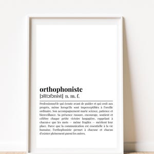 Peut inclure: Un cadre blanc avec le mot "orthophoniste" en gras et en noir. En dessous, la prononciation phonétique et la désignation du genre sont incluses. Le texte décrit le rôle d'un orthophoniste, soulignant son soutien et ses encouragements.