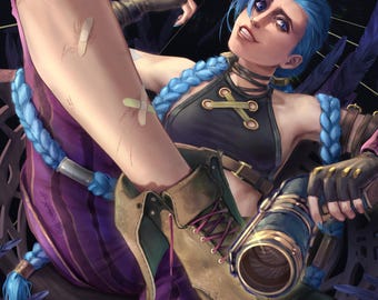 Pode incluir: Ilustração digital de um personagem com cabelo azul, top preto, botas castanhas e calças listradas roxas. O personagem posa com confiança, sobre um fundo escuro com reflexos brilhantes.